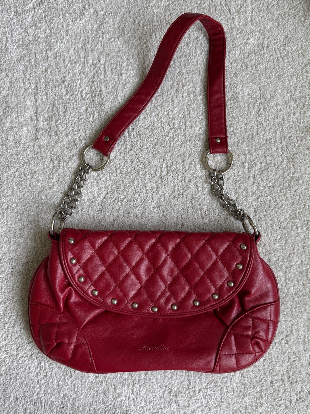 Red Quilted Leather Shoulder Bag with Chain Strap